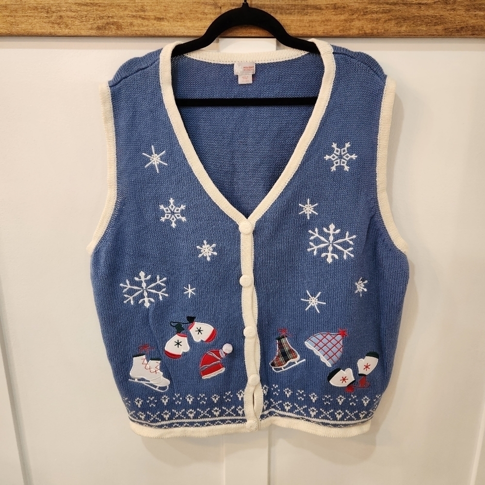 HOLIDAY Editions Womens Christmas Vest  XXL Knit Vest Cardigan Embroidered Blue